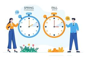 daglicht spaargeld tijd hand- getrokken vlak tekenfilm illustratie met alarm klok of kalender van zomer naar voorjaar vooruit ontwerp vector