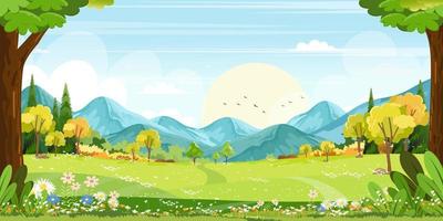 panorama visie van voorjaar dorp met groen weide Aan heuvels met blauw lucht, vector tekenfilm voorjaar of zomer landschap, panoramisch platteland landschap bergen met wild bloemen velden