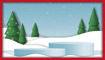 Kerstmis achtergrond van studio kamer 3d cilinder podium met papier kunst pijnboom boom en sneeuwvlok Aan blauw achtergrond, vector winter banier ontwerpen voor nieuw jaar Promotie, korting, uitverkoop Aan 2023