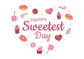 gelukkig liefste dag Aan 21 oktober zoet vakantie evenement hand- getrokken tekenfilm vlak illustratie met cupcakes en snoep in een roze achtergrond vector