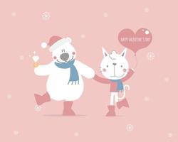 schattig en lief hand- getrokken teddy beer Holding diamant ring en kat vasthoudendheid hart ballon, gelukkig Valentijnsdag dag, liefde concept, vlak vector illustratie tekenfilm karakter kostuum ontwerp