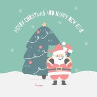 vrolijk Kerstmis en gelukkig nieuw jaar met schattig de kerstman claus Holding geschenk doos en Kerstmis boom pijnboom in de winter seizoen groen achtergrond, vlak vector illustratie tekenfilm karakter kostuum ontwerp