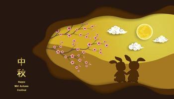 gelukkig midden herfst festival, viering thema met schattig konijnen op zoek Bij vol maan Aan papier besnoeiing stijl vector