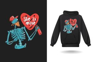 Valentijn t-shirt vector, ze is de mijne skelet vector kunst, capuchon ontwerp