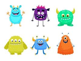 reeks van schattig kleurrijk monsters. grappig koel tekenfilm pluizig monster, buitenaardse wezens of fantasie dieren voor kinderachtig kaarten en boeken. hand- getrokken vlak vector illustratie geïsoleerd Aan wit.