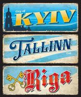 kiev, tallinn, Riga stad reizen stickers, borden vector