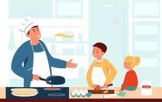 vector illustratie van kinderen in schorten maken taart samen in de keuken. ouder broer helpt zijn weinig zus versieren taart. vlak ontwerp.