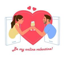 heilige Valentijnsdag dag groet kaart vector ontwerp. online dating concept. paar gerinkel bril van Champagne van smartphone schermen.