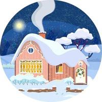 winter nacht landschap met knus huis versierd met Kerstmis krans en slingers. houten goed en steen haag in de buurt de huis. besneeuwd nacht met schoorsteen rook in de lucht.