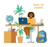 terug naar school- gedurende coronavirus pandemisch concept. glimlachen afro Amerikaans meisje zittend Bij bureau in voorkant van laptop aan het studeren. school- rugzak met school- benodigdheden, wereldbol. vlak vector illustratie.
