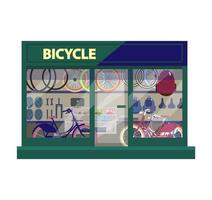 vector illustratie van fiets winkel buitenkant. winkel vitrine met fietsen en sport apparatuur. vlak stijl.