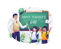 een mannetje leraar is richten Bij de schoolbord dat zegt gelukkig leraren dag met haar twee studenten. vector illustratie in vlak stijl