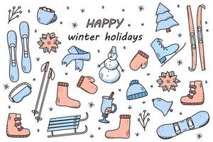 nieuwjaar en kerstelementen in de doodle-stijl. vectorillustratie van winterkleding, sportuitrusting, sparren, eten en drinken. pictogrammen voor wintervakantie vector