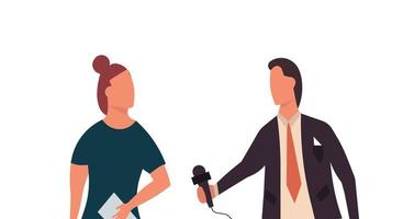 nieuws verslaggever televisie illustratie Mens met vrouw. omroep communicatie journalist verslag doen van media live. interview met microfoon nieuwslezer spandoek. kanaal paparazzi tonen video toespraak vector