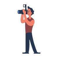 persoon Mens met foto camera vector illustratie. mannetje professioneel fotograaf en tekenfilm menselijk fotograaf staan. karakter het schieten en werk met apparatuur. volwassen vent werken en schieten video