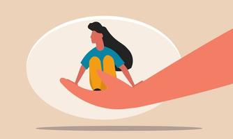 depressie vrouw en Gezondheid zorg met eenzaamheid problemen. psychologisch therapeut behandeling vector illustratie concept. hand- Holding meisje met leed en mentaal probleem. mensen beschermen spanning