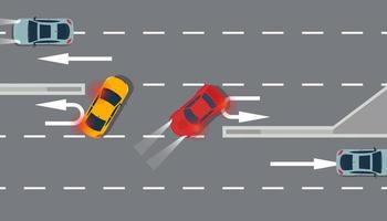 u beurt auto rood en geel top visie vector illustratie verkeer weg. zingen pijl vervoer snelweg achtergrond richting. voertuig manier ontwerp reizen informatie straat. snelweg aandacht regel rijbaan