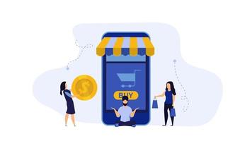 kleinhandel buying vector Scherm slim Product illustratie boodschappen doen op te slaan. mensen kopen op te slaan zak winkel markt. handel bedrijf aankoop concept. consumentisme met telefoon supermarkt mand. bank mobiel