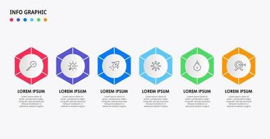 vector infographic zakelijke ontwerpsjabloon met pictogrammen en 6 opties of stappen. kan worden gebruikt voor procesdiagram, presentaties, workflowlay-out, banner, stroomschema, infografiek