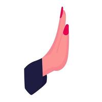 vrouw hand- met gebaar hou op en vector illustratie vrouw teken. persoon menselijk symbool en tekenfilm vinger geïsoleerd wit. geweld en misbruik meisje icoon. tonen Nee en dame bescherming huiselijk geweld