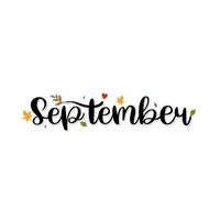 Hallo september maand belettering met bloemen en clip art vector