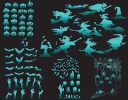 verzameling silhouetten halloween met griezelig pompoenen eng bomen geesten reeks vector
