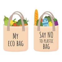 vers fruit, groenten en producten kopen. ecologie vriendelijk winkelen. zeggen Nee naar plastic tas, gebruik eco tas. producten in textiel herbruikbaar boodschappen doen zak geïsoleerd Aan wit. nul afval, plastic vrij. vector