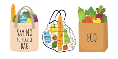 reeks van eco boodschappen doen Tassen maas of netto tas, textiel en papier tas. schattig nul verspilling elementen. klant, ecologisch kleding stof pakket. vector Tassen met gezond voedsel en groenten. boodschappen doen gezond voedsel.