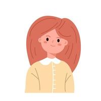 glimlachen kind gezicht meisje. avatar kind met huid tekenfilm hoofd portret. school- karakter icoon. schattig weinig persoon tiener. vlak vector illustratie geïsoleerd Aan wit