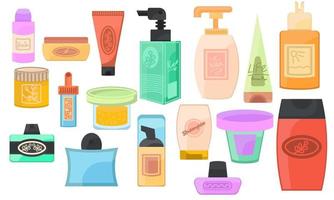 tekenfilm fles room en shampoo schoonheidsmiddelen container. gezicht lotion olie en reeks gelaats huid vector illustratie. huidsverzorging schoonheid kunstmatig schoon verzameling en tekening eenvoud parfum glas voorwerp