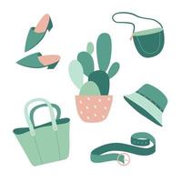 reeks van groen eco accessoires in vlak tekenfilm stijl. tas, schoenen, riem en Panama geïsoleerd Aan wit achtergrond. cactus eco-leer, nul verspilling concept, zeggen Nee naar plastic Tassen. vector illustratie