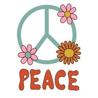 vrede teken met belettering vrede. 1970 uitstraling. vector illustratie