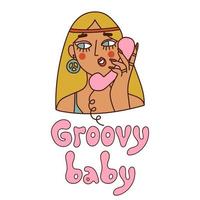 hippie meisje met belettering groovy baby. 1970 uitstraling. vector illustratie