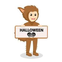 Mens met weerwolf kostuum Holding teken halloween vector