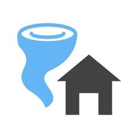 tornado raken huis glyph blauw en zwart icoon vector