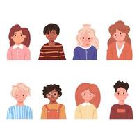 reeks van kinderen avatars. glimlachen kinderen gezichten jongen en meisje. avatar kind bundel met verschillend huid tekenfilm hoofd portret. school- karakter icoon. vlak vector illustratie geïsoleerd Aan wit