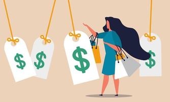 shopaholic vrouw en boodschappen doen Promotie. aanbod naar aankoop geschenk en speciaal reclame mode uitverkoop vector illustratie concept. klant vrouw en elegant markt online. handelswaar prijs korting