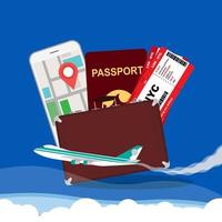 reizen concept vector illustratie achtergrond. vakantie toerisme reis vliegtuig met ticket, kaart, koffer, paspoort. vlucht avontuur in de omgeving van wereld ontdekkingsreiziger banier