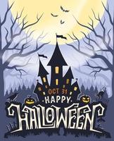 gelukkig halloween poster met belettering en kasteel silhouet. vector