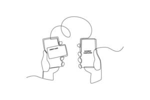 single een lijn tekening menselijk handen Holding smartphone met credit kaart Aan scherm voor betaling door online. financieel technologie concept. doorlopend lijn trek ontwerp grafisch vector illustratie.