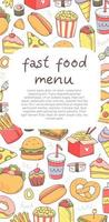 een snel voedsel restaurant of cafe bladzijde verticaal sjabloon met voedsel elementen in een schattig tekenfilm tekening stijl. vector illustratie.