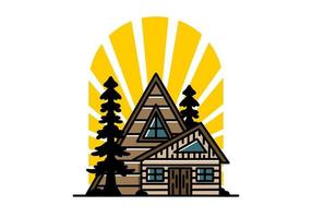 esthetisch hout huis tussen twee pijnboom boom illustratie insigne ontwerp vector