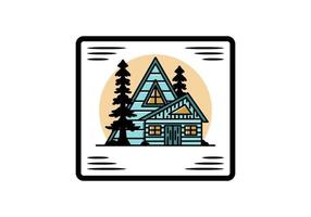 esthetisch hout huis tussen twee pijnboom boom illustratie insigne ontwerp vector