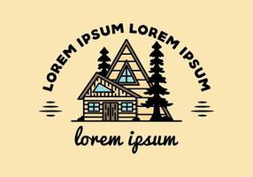 esthetisch hout huis tussen twee pijnboom boom illustratie insigne ontwerp vector