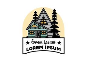 esthetisch hout huis tussen twee pijnboom boom illustratie insigne ontwerp vector