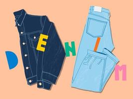 denim jasje, jeans en belettering vlak leggen stijl. modieus top naar beneden visie illustratie. herfst denim stijl. modern minimalistisch groep van kleren ontwerp voor web kaart, spandoek. vector