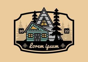 esthetisch hout huis tussen twee pijnboom boom illustratie insigne ontwerp vector