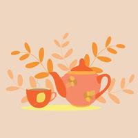 herfst samenstelling oranje theepot met een kop van thee, bladeren in de achtergrond. voor cafés en restaurants. vlak stijl. vector. vector