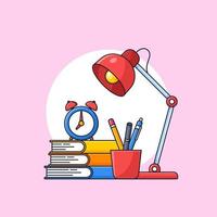 stack van boek met alarm klok Aan de top en vol glas aan het studeren gereedschap en leerling bureau lamp gemakkelijk minimaal vector illustratie voor terug naar school- poster schets vlak ontwerp