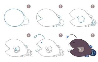 instructies voor tekening schattig vis. volgen stap door diep zien. werkblad voor kind aan het leren naar trek vis. spel voor kind vector bladzijde. regeling voor tekening diep zien. vector illustratie